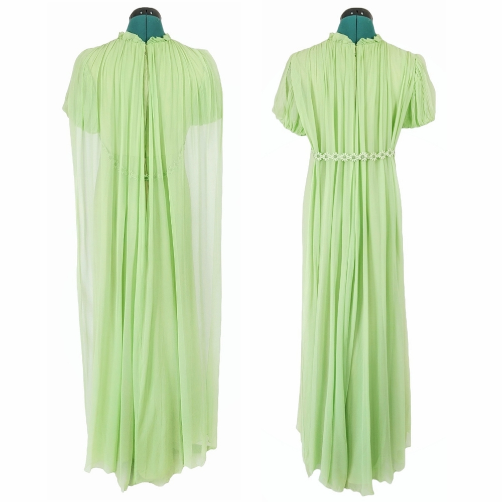 1960s Fairy Cape Dress Flower Power Vintage Prom Formal Romantic ILGWU Green vtg - Picture 3 of 9
